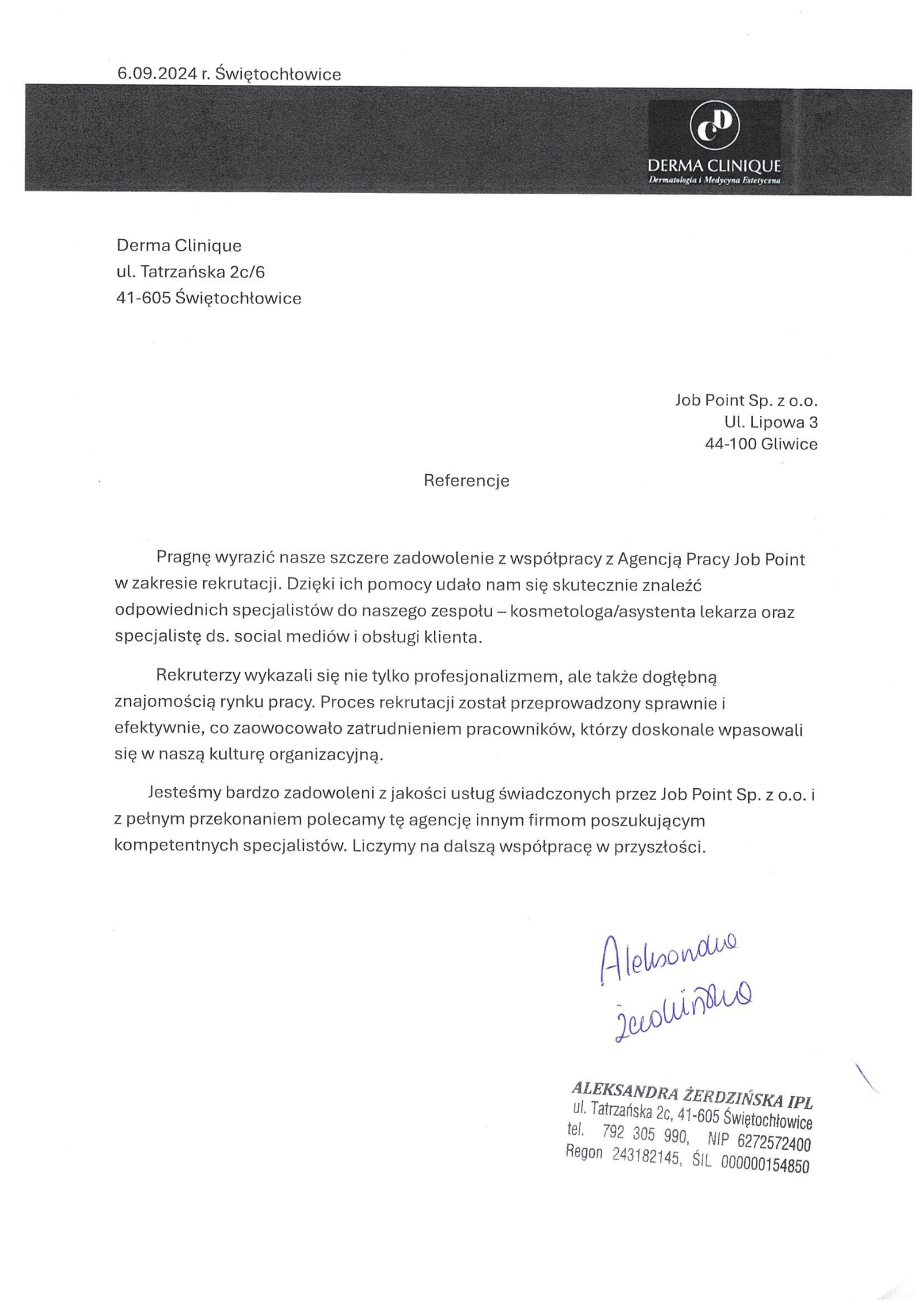 Derma Clinique - Referencje dla Job Point