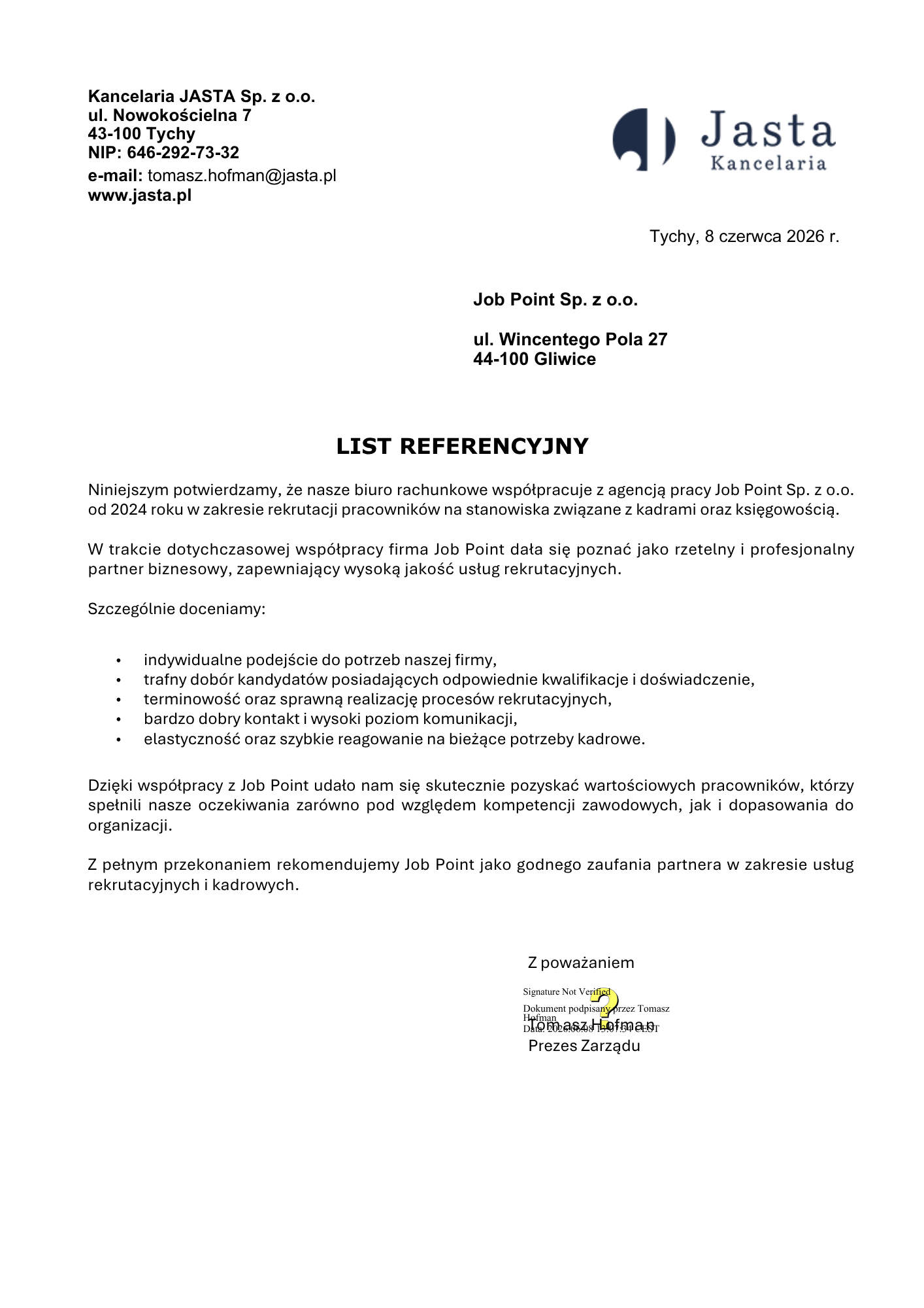 Jasta - Referencje dla Job Point
